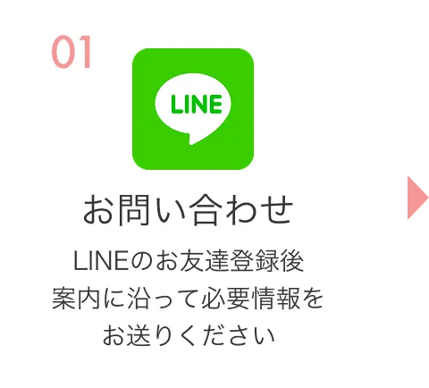 01お問い合わせ。LINEのお友達登録後案内に沿って必要情報をお送りください